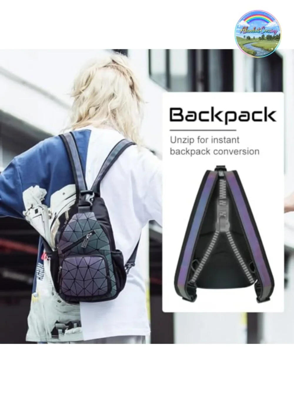 Luminous PU Leather Sling Backpack Crossbody Bag Geometric Convertible